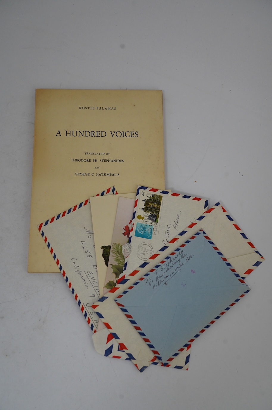 Theodore Stephanides interest; a small archive of correspondence along with a signed and dedicated copy of A Hundred Voices, pub. Kostes Palamas 1976, between Stephanides and Eleanor Peters, including letters, a postcard